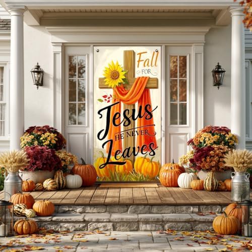BlissYard Christian Fall Door Cover Thanksgiving Decor Cross 35x71 Inch - Image 3