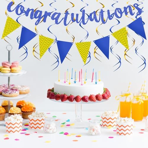 Outus Congratulations Banner with Triangle Flag 12 Swirls,Blue, Gold - Image 5