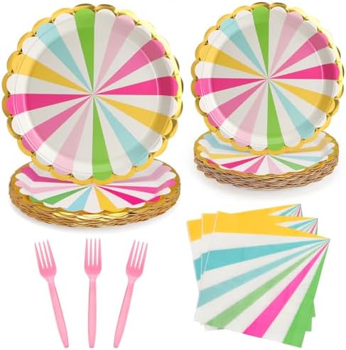 96PCS Colorful Party Paper Plates with Gold Scalloped Edge, Colorful Scalloped 9inch 7inch Dessert Paper Plates Party Supplies for Birthday Bridal Shower Picnic, Serve for 24 Guests, Striped by WelcometoUVTQSSP