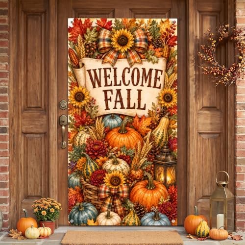 Fall Door Banner 35x71 Inch Welcome Fall Vertical Front Door Cover Pumpkins Sunflowers Maple Leaves Wheat Harvest Hanging Flag for Autumn Porch Yard Wall Farmhouse Thanksgiving Home Outdoor Decor by Unknown
