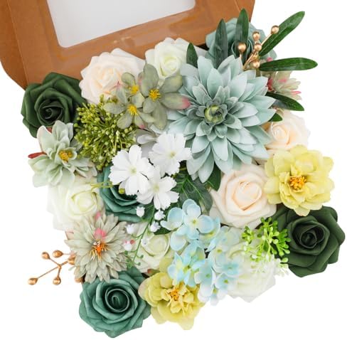 Floweroyal Artificial Flowers Combo Green Flowers Mix Silk Flowers Dahlia Roses with Stems for DIY Wedding Bridal Bouquets, Baby Shower, Floral Arrangement, Table Centerpieces, Home Decorations. by FloweroyalCrafts