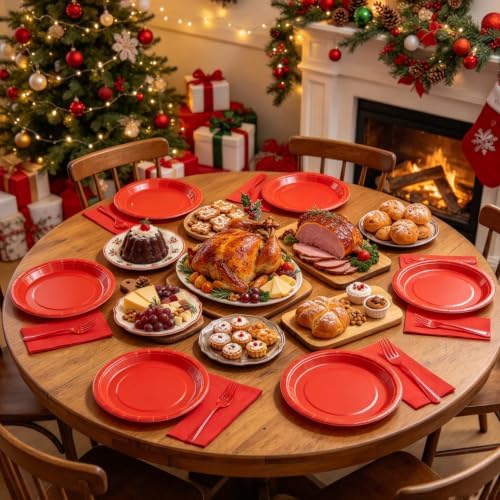 Red Paper Plates and Napkins Includes 7inch Red Dessert Plates,Napkins,Plastic Forks, Disposable Red Party Supplies for Christmas, Valentines Day, Birthday, Wedding, BBQ for 50 Guests - Image 4