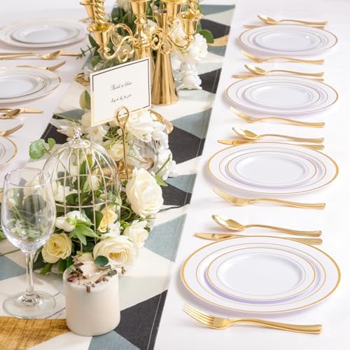NOCCUR 200PCS Gold Plastic Plates - 100 Dinner / 100 Dessert Disposable Plates Heavy Duty - Ideal for Wedding/Party/Fall/Thanksgiving - Image 6