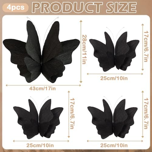 Party Butterfly Decorations, Black 3D Butterfly Birthday Decoration, 4 Pcs Crepe Paper Hanging Decor for Room, School, Black Theme, Flower Party for Garden, Dining Table Decor - Image 2