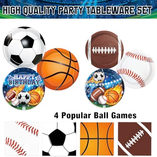191 PCS Sports Birthday Party Decorations Includes Plates, Napkins, Cups, Knives, Forks, Banner, Cake & Cupcake Toppers, Tablecloth for Sports Themed Party Decorations, Serves 24 - Image 3