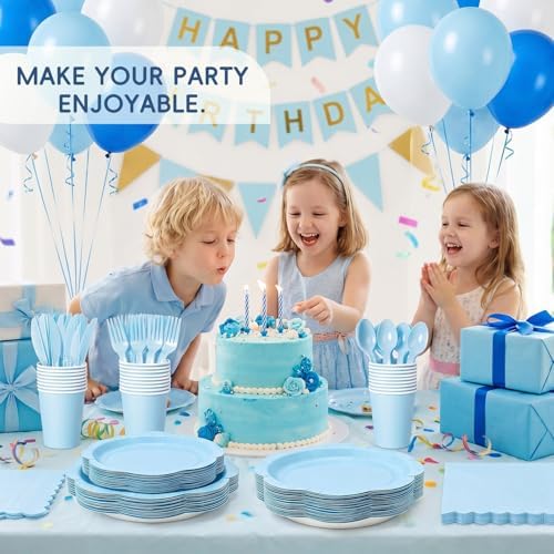 350 Pcs Blue Paper Plates and Napkins Party Supplies for 50 Guests, Food-Grade Thickened Disposable Tableware Set with Cutlerys, 7'' & 9'' Decagonal Plates for Boy Baby Shower Birthday Party - Image 2