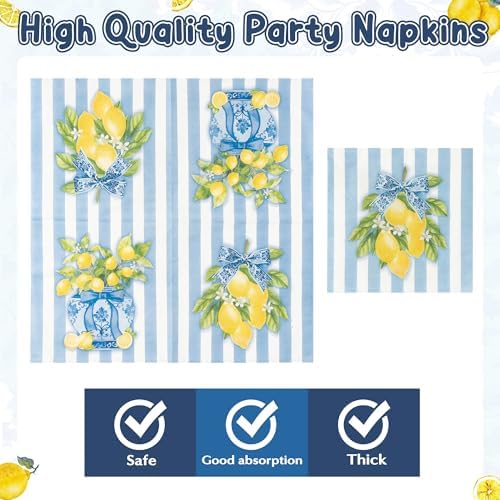 96Pcs Chinoiserie Vase Lemon Party Plates Supplies Capri Lemon Blue White Vase Tableware Decorations Disposable Paper Plates Napkins Forks for Birthday Summer Party Wedding, Serves 24 - Image 4