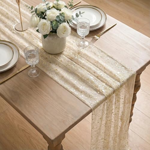 Artoid Mode Gold Gauze Champagne Table Runner 120 Inch 10FT, Glitter Metallic Foil Sheer Dining Wedding Anniversary Holiday Birthday Table Decor for Home Party - Image 4