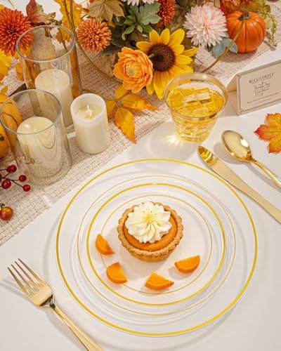 bUCLA 300Pcs Clear Gold Plastic Disposable Dinnerware Set - Clear Plates with Gold Trim Include 50 Dinner / 50 Dessert Plates,50 Cups,150 Plastic Silverware Set for Party - Image 4