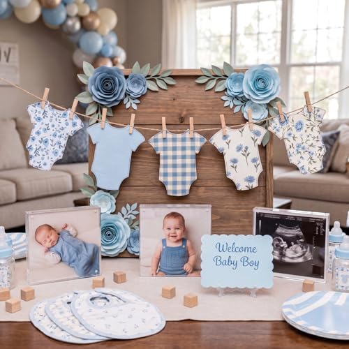 Frienda Baby Boy Banner Baby Shower Blue Bodysuit Garland with Clips - Image 3