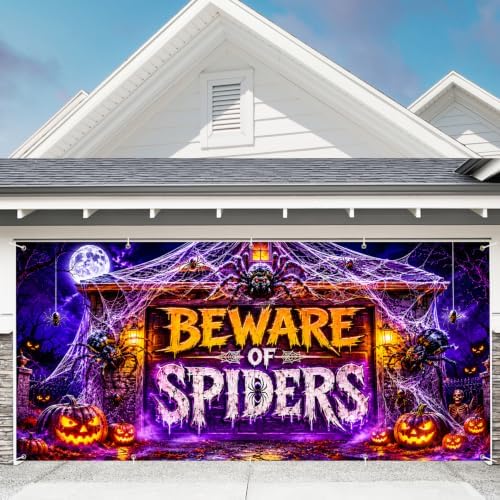 7 x 16 ft BEWARE OF SPIDERS Halloween Garage Door Decorations Blacklight Halloween decorations Door Cover,Hanging Banner for Home,Outdoor,Indoor, Spooky Party,Wall,Window by THISFIND