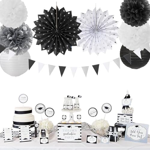 Black White Silver Party Decorations - 20pcs New Year Men Birthday Paper Lanterns Fans,Tissue Pom Poms,Honeycomb Balls,Bunting,Wedding Bachelorette Bridal Graduation Baby Decor Burgleda - Image 6