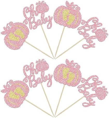 24Pcs Pumpkin Oh Baby Cupcake Toppers Glitter Baby Feet Pumpkin Cupcake Picks for Fall Theme Baby Shower Kids Birthday Party Cake Decorations Supplies Pink - Image 7