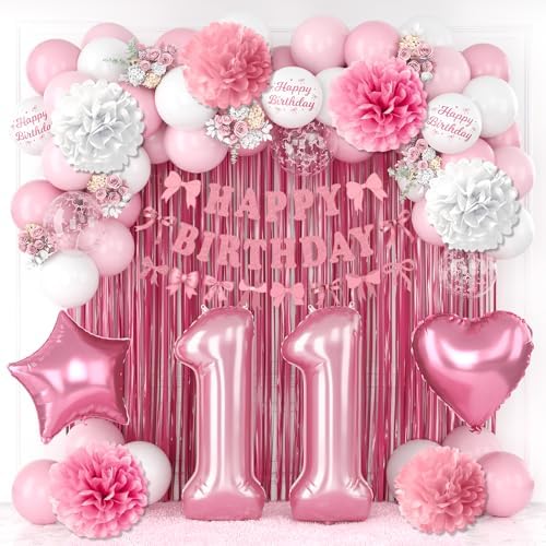 11th Birthday Decorations Girls Pink Number 11 Balloon Bow Coquette Party by KAINSY