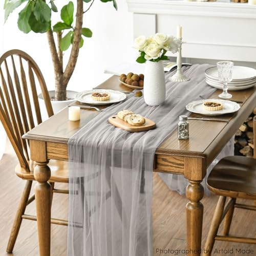 Artoid Mode 6PCS Grey Gauze Table Runner 120 Inch 10FT, Seasonal Sheer Kitchen Dining Holiday Wedding Birthday Baby Shower Table Decor for Home Party - Image 5