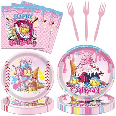 Softball Ice-Cream Party Decorations - 96 PCS Softball Party Paper Plates Napkins Forks Tableware Decoration, Sports Ice-Cream Drip Birthday Disposable Dinnerware Decor Supplies 24 Guests by Pinglooko