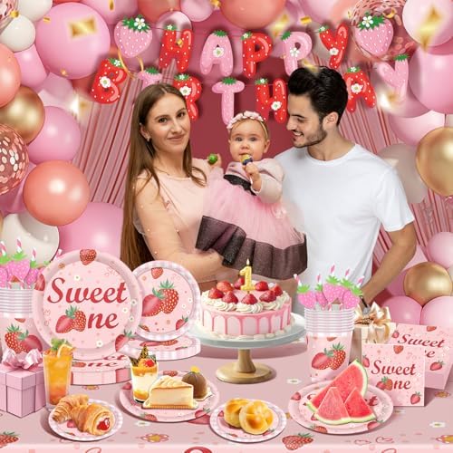 146Pcs Strawberry Plates and Napkins strawberry Party Supplies Includes Plates, Napkin, Fork, Cup, Straw, Tablecloth, Banner for Baby Shower Birthday Party Decorations, Serves 24 (Strawberry) - Image 2