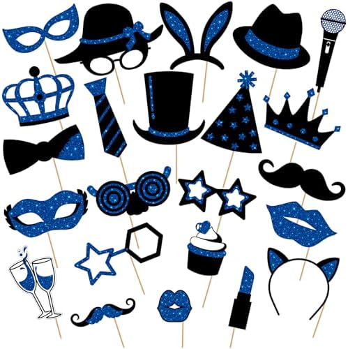 Zonon 24 Pcs Photo Booth Props Set Black Gold Birthday,Blue and Black by Zonon