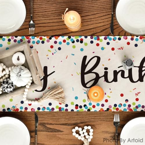Artoid Mode Polka Dot Beige Happy Birthday Table Runner, Seasonal Kitchen Dining Table Decoration for Home Party Decor 13x120 Inch - Image 3