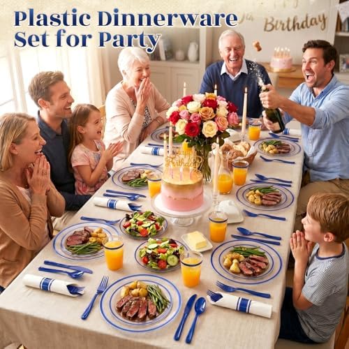 Clear Blue Plastic Plates Dinnerware Set for 175PCS 25 Guests - Image 4