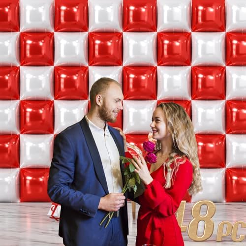 NISOCY 48PCS Red and White Square Foil Balloons Wall Backdrop - Image 6