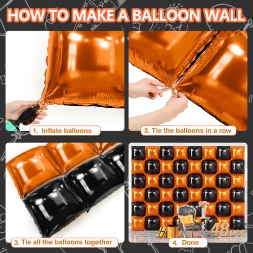 NISOCY 48PCS Black and Orange Square Foil Balloons Wall Backdrop - Image 5