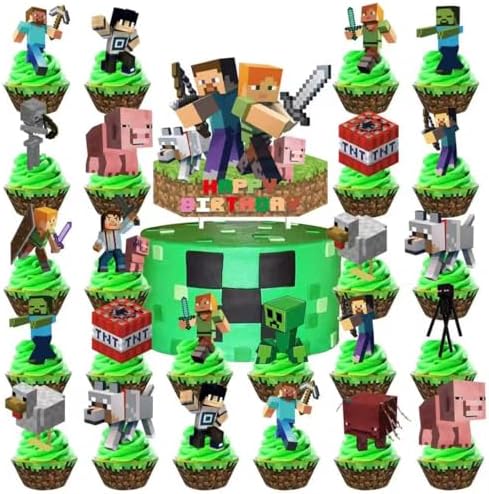 For Pixel Party Supplies, 55 PCS Birthday Decorations Set Include Banner, Balloons,, Hanging Swirls, Cake Cupcake Toppers, Tablecloth for Boys Girls Pixel Theme Party - Image 4