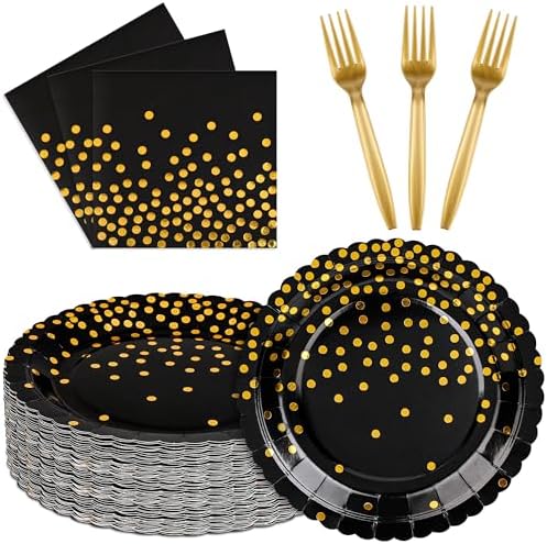 90 Pcs Black and Gold Plates and Napkins Party Supplies, Scalloped Gold Polka Dots Tableware Set Include Black Gold Dot Cake Dessert Plates, Napkin, Fork for Wedding, Retirement, Birthday, New Year by Unknown
