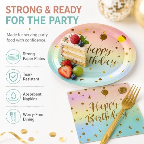 48PCS Happy Birthday Plates and Napkins Party Supplies, Colorful and Gold Disposable Paper Plates and Napkins with Forks Tableware Set for Birthday Party Decorations 16 Guests (Colorful) - Image 3