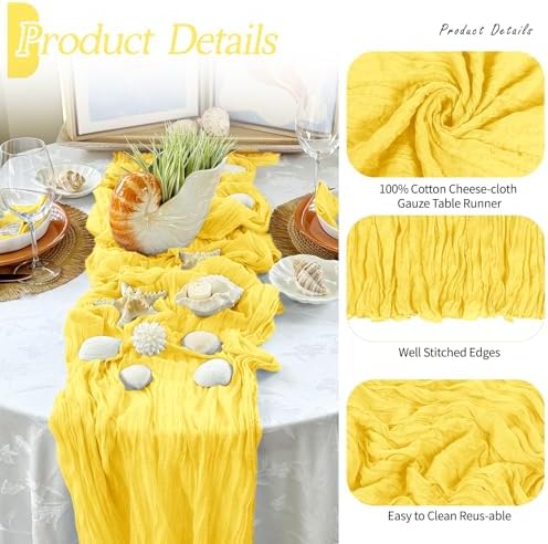 3 Pack Lemon Yellow Cheesecloth Table Runner 17x108 Inch Semi Sheer Boho Gauze Cheese Cloth Fabric Table Runners Table Decor for Wedding Party Baby Shower Birthday Home Decor Garden Farmhouse - Image 3