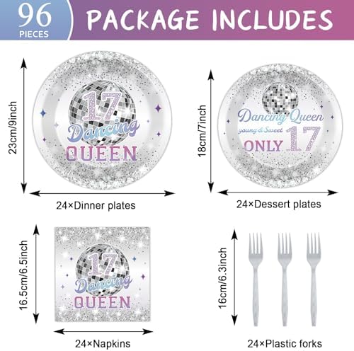 CHUNNIN 96Pcs Dancing Queen Plates and Napkins for 17 Birthday Party Decorations for Girls Silver 17 Year Old Dessert Plates Dancing Queen Tableware Set for 24 Guests 17 Birthday Party Supplies - Image 2