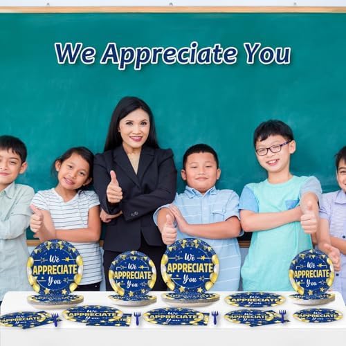 96Pcs We Appreciate You Party Plates and Napkins for Employee Staff Appreciation Blue Gold Supplies Work Anniversary Themed Plate Thank You Tableware Set for Teacher 24 Guests Party Decorations - Image 6
