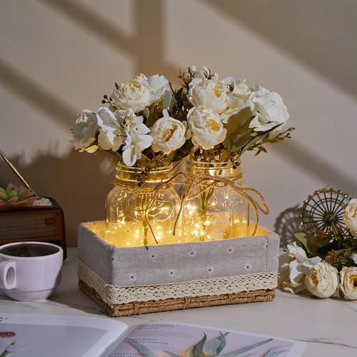 4 Sets Faux Peony Mason Jar Centerpiece with LED Lights for Wedding - Image 4