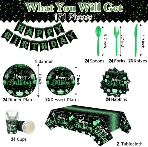 Vesici 171 Pcs Happy Birthday Party Supplies 24 Set Table, Black, Green - Image 5