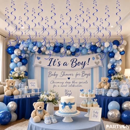 32 PCS Blue Hanging Swirl, Sparkle Ceiling Hanging Decorations, Plastic Streamer Party Decorations for Birthday, Ocean Theme, Baby Shower, Winter Party, Independence Day, 4th of July - Image 2
