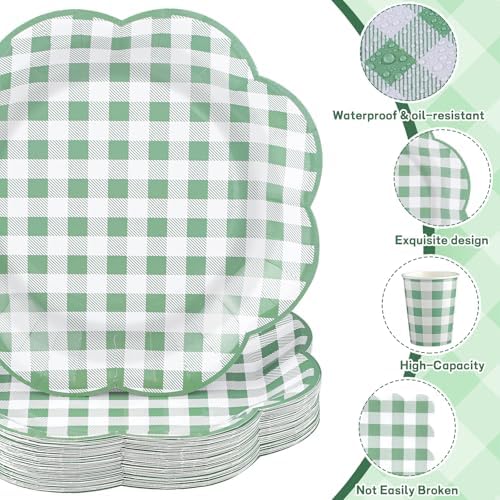 NatNarr 250 Pcs Sage Green Gingham Plates and Napkins, Scalloped Green and White Checkered Tableware Set Includes Disposable Plates Napkins and Cups for Wedding Birthday Picnic Baby Bridal Shower - Image 3