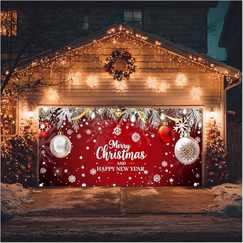 HOMETITUTE Christmas Red Silver Garage Door Cover 13x6ft by HOMETITUTE