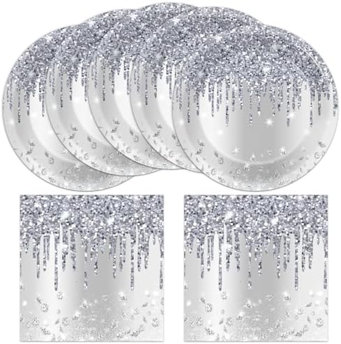 50 Pcs Silver Glitter Disposable Party Plates and Napkins Glitter Diamonds Happy Birthday Party Supplies for 25 Guests Table Decorations for Wedding Silver Birthday Decorations Paper Plates Napkins by CHUNNIN