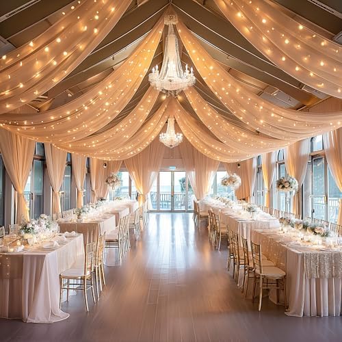 6 Panels Deep Champagne Ceiling Curtains with Lights for Weddings - 5ftx10ft Wrinkle-Free Tulle Fabric Wedding Arch Draping Ceiling Drapes Decorations for Wedding Party Ceremony Stage Tent Event - Image 6