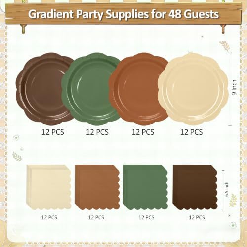 96Pcs Woodland Plates and Napkins Party Supplies,9 Inch Sage Green Brown Neutral Disposable Plates,6.5" Scalloped Napkins,Animals Safari Baby Shower Party Decorations for Birthday,Serves 48 - Image 3