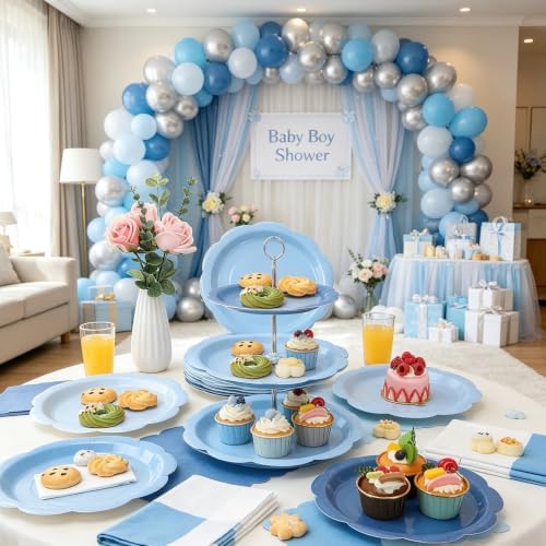 96Pcs Blue Plates and Napkins Party Supplies,Gradient Blue 9inch Plate and Napkin Tableware Set for Baby Shower Wedding Birthday Decorations Serves 48 Guests - Image 6