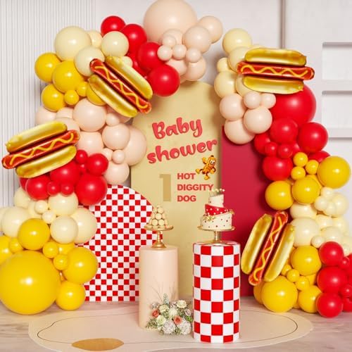 Cute Hot Dog Balloon Garland Arch Kit，151PCS Red and Yellow Balloons, Creative Theme for Baby Shower Gender Reveal Boy Girl Birthday Party Decorations by Woaipati