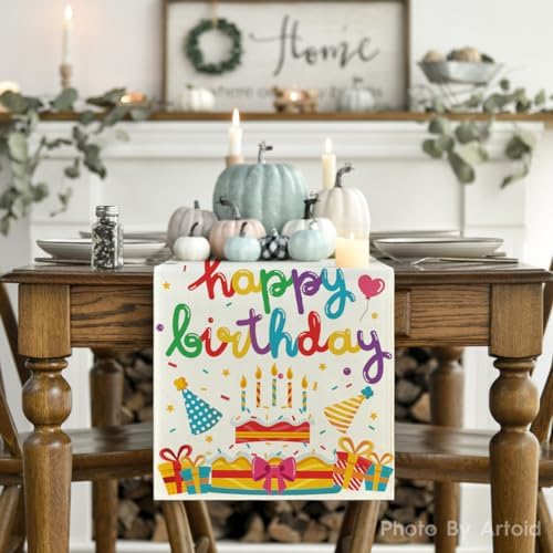 Artoid Mode Cakes Gift Hats Candle Happy Birthday Table Runner, Seasonal Kitchen Dining Table Decoration for Home Party Decor 13x72 Inch - Image 2