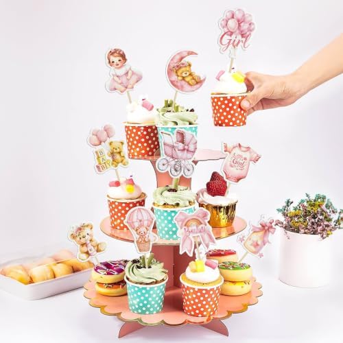Gyufise 40Pcs Baby Boy Cupcake Toppers Baby Shower Decorations for Boys Balloon Star Moon Bear It's a Girl Cupcake Picks for Baby Shower Kids Girls Birthday Party Supplies Deep Pink - Image 5