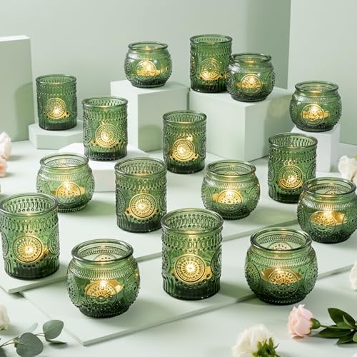 36 Pcs Green Candle Holders Bulk for Wedding Table Centerpieces - Assorted Glass Tea Light Holders for Vintage Wedding Table Centerpieces, Bridal or Baby Shower Decoration by LAMORGIFT