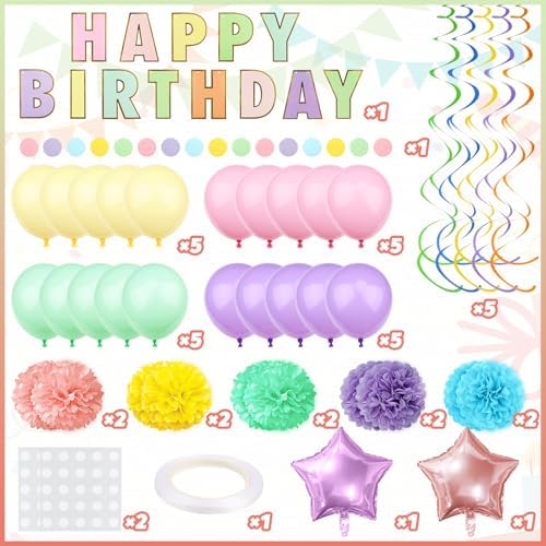 Pastel Birthday Decorations, Multicolored Happy Birthday Banner with Paper Pompoms Party Balloons for Boys Girls Women Party Decorations Supplies - Image 2
