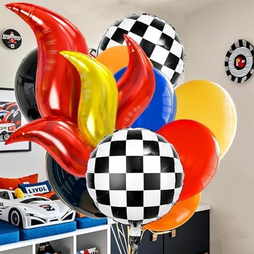 131 Wheels Race Car Birthday Party Decorations Supplies, Racing Red Blue Yellow Black Balloons Garland Arch Kit Backdrop Tablecloth Checkered Foil Balloons, Boy Kid Girl Cars Party Decor - Image 3