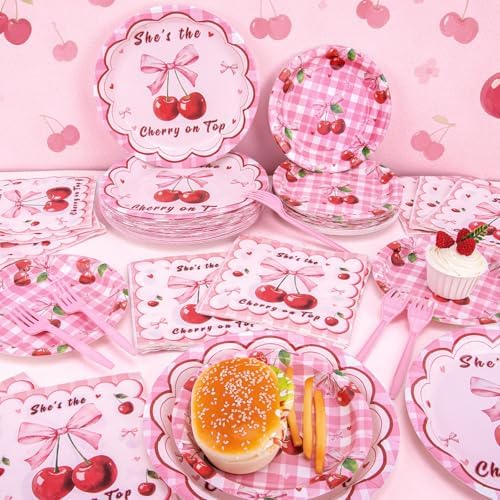 REDWORD Cherry Birthday Decorations, 96Pcs She's The Cherry On Top Party Plates Napkin for Cherr y Theme Girl Birthday Baby Shower Party Decorations-Serves 24 - Image 3