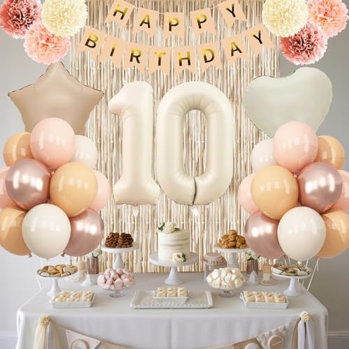 Beige Happy 10th Birthday Party Decoration Girls Cream Number 10 Balloon - Image 3