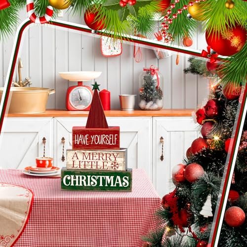 Moucuny 4 Pcs Christmas Table Decor, Wooden Red Merry Christmas Tree Signs - Image 5